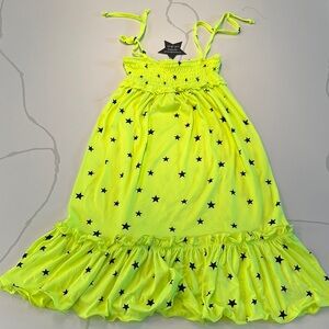 NWT Pixie Lane Simply Soft Tiered Smocked Maxi Dress Neon Lemon Black Stars 4T